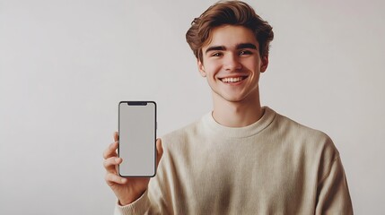 Handsome young man holding a smartphone mockup with a blank screen and smiling on a white background Celebrating success Gadget with empty space for mockup banner app : Generative AI