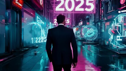 Businessman walking through futuristic city 2025 - Powered by Adobe