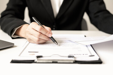 Business woman employer holding resume hiring recruit looking cv resume to hire candidates,...