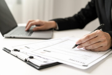 Business woman employer holding resume hiring recruit looking cv resume to hire candidates,...