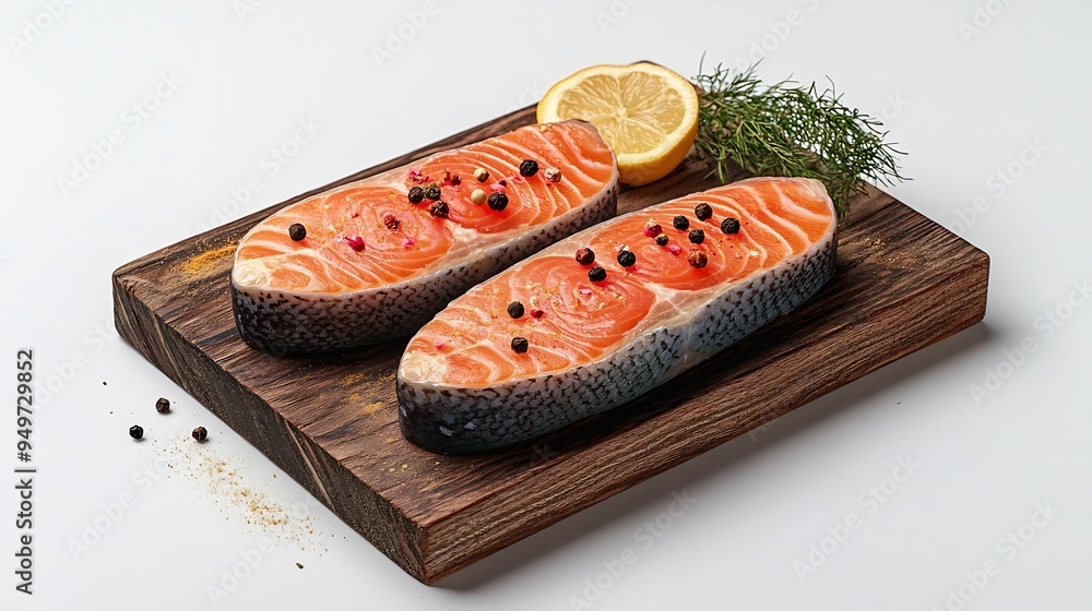 Poster wooden board with raw salmon steaks and different spices on white background : generative ai