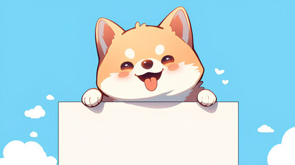cute dog holding up a blank sign, colorful cartoon character, empty banner,, anime style, cute kawaii, simple, smiling happy. isolated background