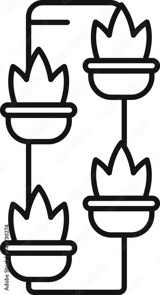 Poster line icon of a smart home system controlling four flower pots through a smartphone app