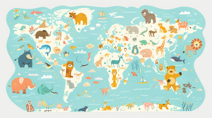 Illustration of a world map made in children's style. Each part of the world depicts animals characteristic