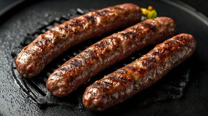 Fried on grill Sucuk beef meat sausage Black background Top view : Generative AI
