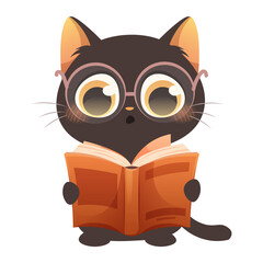Black cat with glasses read book. Drawn cute kitten. Vector illustration on white background