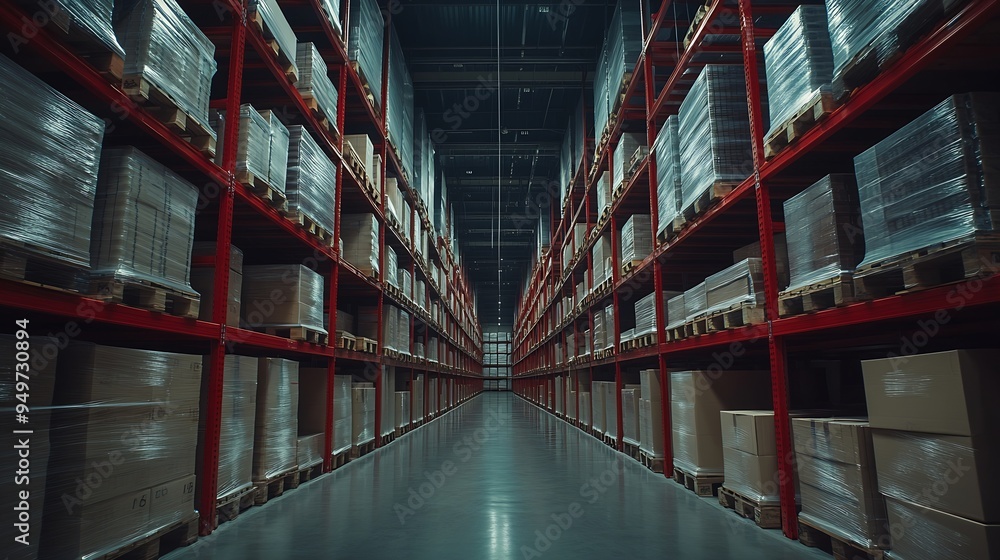 Poster large storage warehouse there is a walkway in the middle between the shelves : generative ai