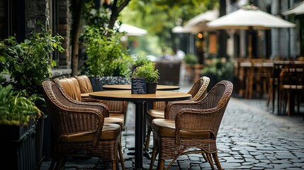 Obraz premium sidewalk cafe with wicker furniture and leather cushioned furniture under a parasol : Generative AI