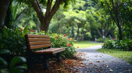 Obraz premium A park with a bench and walking path on the side and a tree with green foliage in the background : Generative AI