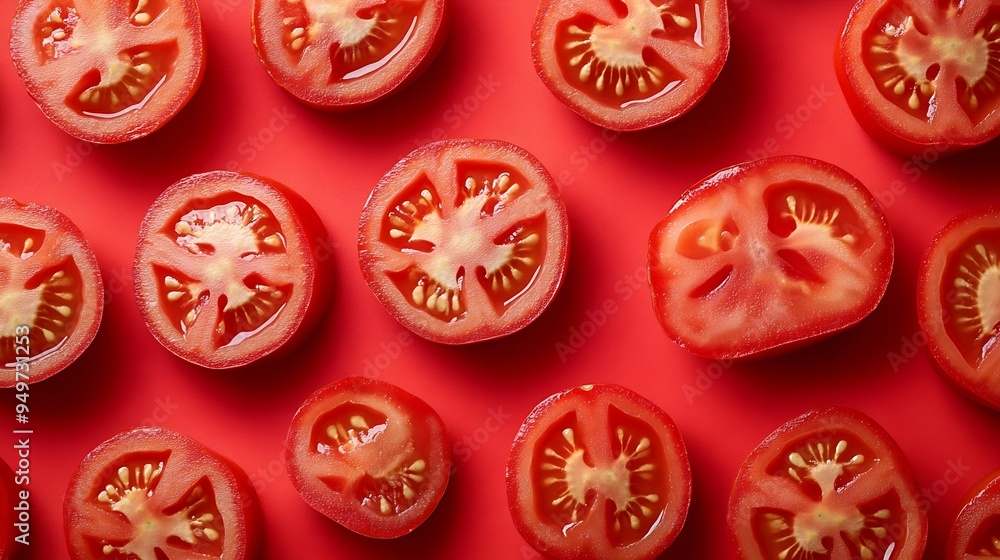 Poster seamless pattern from slices of ripe tomatoes on a red background : generative ai