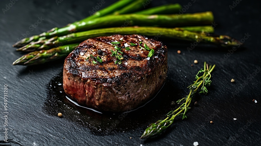 Poster Grilled Fillet Mignon Steak with roasted asparagus Black background Top view : Generative AI