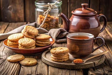 Fototapeta premium A warm, rustic setting with biscuits and a pot of tea. 1.