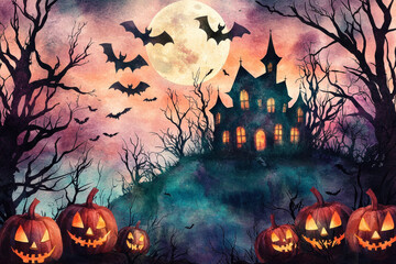 Spooky Halloween Night with Jack-o'-Lanterns, Haunted House, Bats and Full Moon