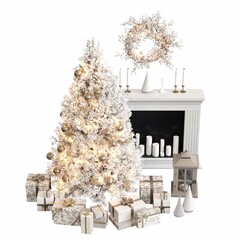 Christmas tree with decorations, isolated on white background, 3D illustration, cg render
