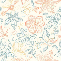 floral and leaf seamless patterns in doodle-style tile designs with graphic format.