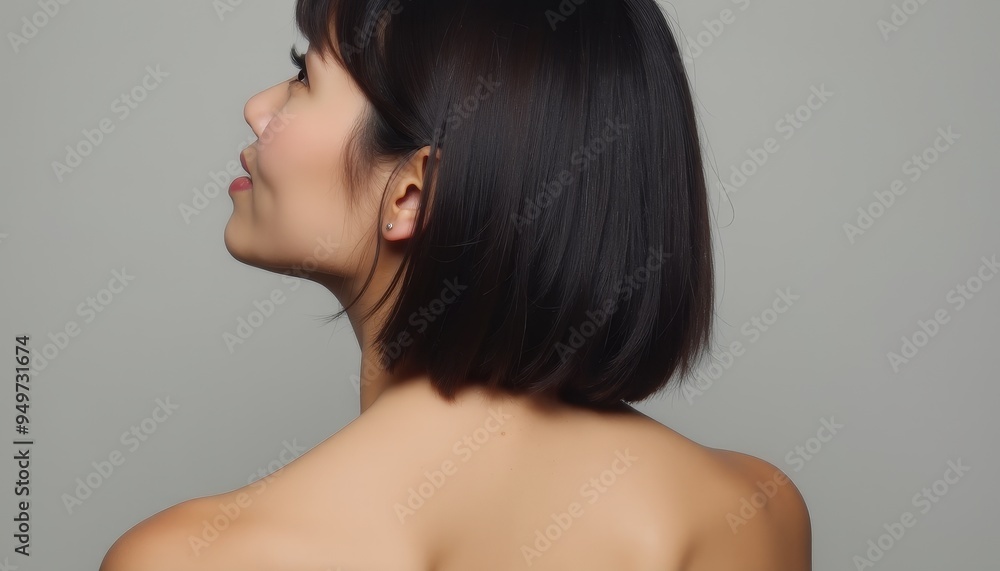 Wall mural close-up of a woman's back and side profile with short hair.