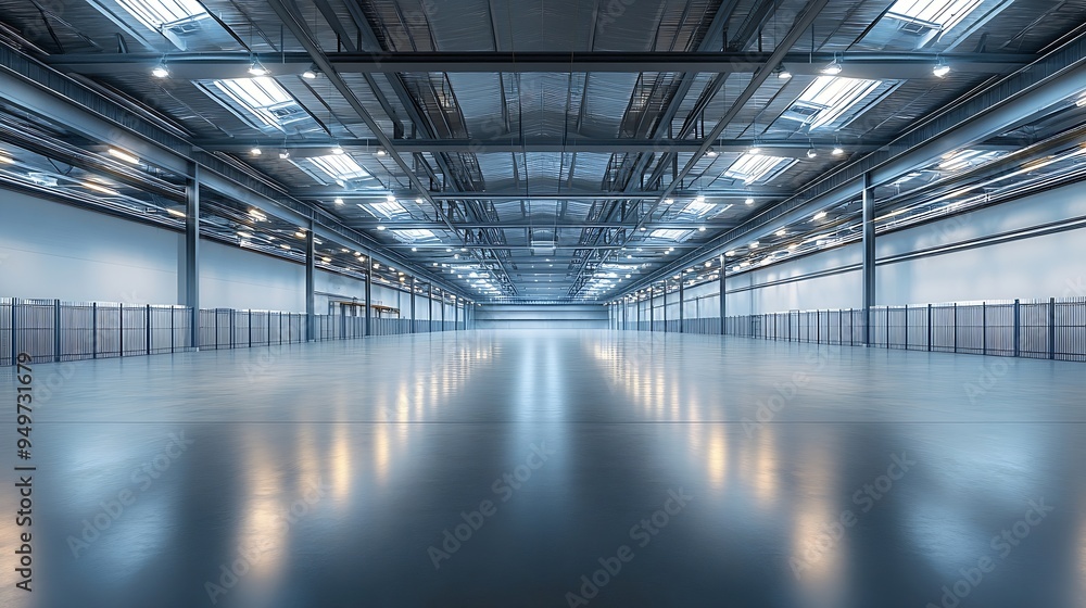 Poster Panorama of empty room of modern storehouse with gates and selfleveling floor : Generative AI