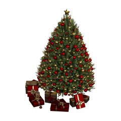 Christmas tree with decorations, isolated on white background, 3D illustration, cg render