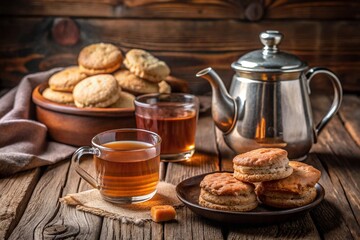 Fototapeta premium A warm, rustic setting with biscuits and a pot of tea.