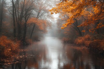 foggy morning landscape with a tranquil river flowing through the heart of a forest, surrounded by a kaleidoscope of autumn hues