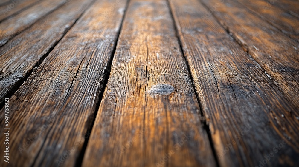 Poster Close up of rustic wooden plank floor aged by the passage of time placed in vertical format with a very marked texture : Generative AI