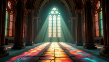 Obraz premium Illuminated Church Interior with Colorful Stained Glass Patterns