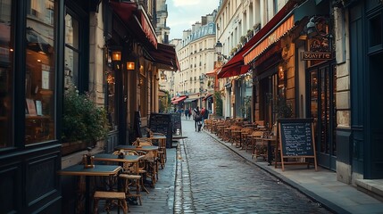 Fototapeta premium Cozy street with tables of cafe in Paris France Cityscape of Paris Architecture and landmarks of Paris : Generative AI