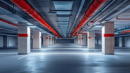 Underground parking of a commercial building with navigation system sensors Air conditioning and ventilation ducts fire extinguishing system pipes electric cable channels under the cei : Generative AI