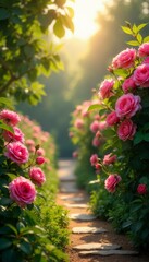 Obraz premium Scenic Garden Pathway Lined with Vibrant Pink Roses in Bloom