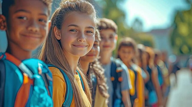 Mixed-race and multiethnic students waiting in line for a boarding school bus prior to the start of the new school term following the summer break