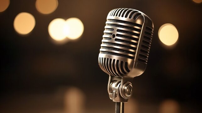 Vintage Microphone on Stage: A classic silver microphone stands ready to capture the voices of performers against a warm backdrop of stage lights, inviting listeners to imagine the stories and melodie