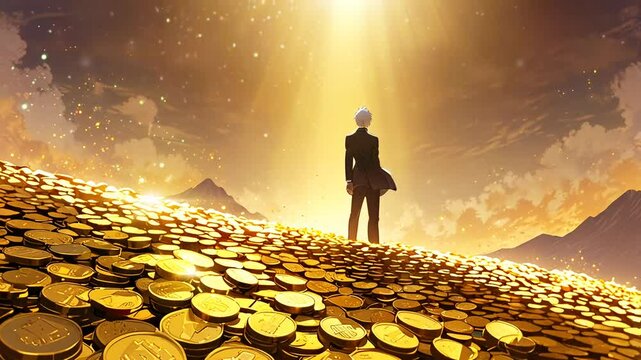 Anime silhouette on top of a stack of coins with smooth looping video 