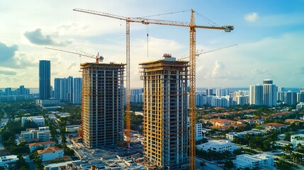 Tower lifting cranes at high residential apartment building construction site Real estate development in Miami urban area : Generative AI