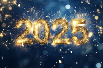 happy new year 2025. beautiful creative holiday web banner or flyer with golden firework and sparkling number '2025' on night blue sky background.