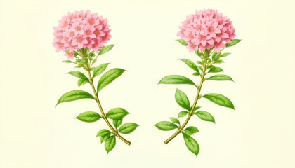 Botanical Illustration of Two Pink Clusters of Flowers with Leaves