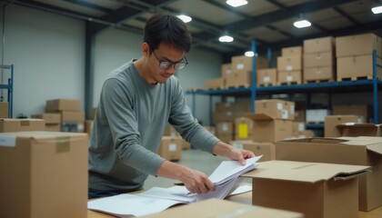 Worker Organizing Documents in a Warehouse Full of Boxes