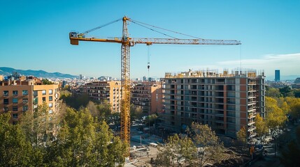 Fototapeta premium Construction site for apartment buildings seen in Barcelona Spain : Generative AI
