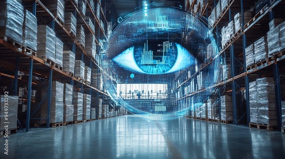 Aufkleber image of eye graphs loading circles and globes over empty warehouse digital composite multiple expos