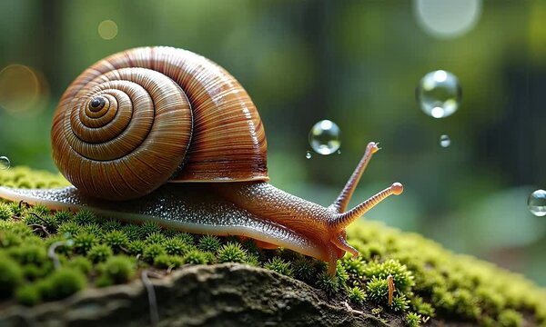 A close-up of a snail on moss, showcasing its spiral shell and delicate features in a lush, green environment.
