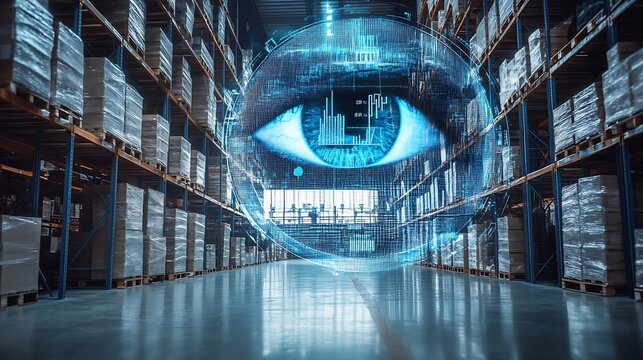 Image of eye graphs loading circles and globes over empty warehouse Digital composite multiple exposure report business progress globalization and distribution concept : Generative AI