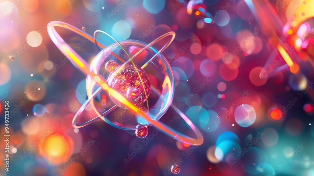 Poster abstract atom design. vibrant abstract atom model with colorful bokeh background, symbolizes science