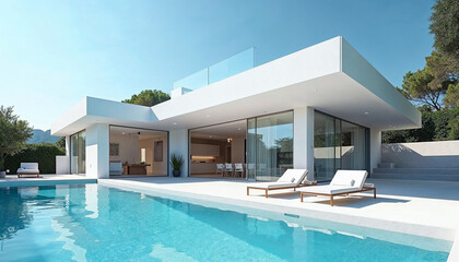 Fototapeta premium A stunning white villa with modern architecture against a clear blue sky, featuring large glass windows and a pristine swimming pool, conveying luxury and relaxation.