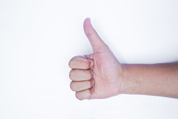 Close up of asian man hand finger gesture one thumbs up ok yes approval acceptance agreement sign