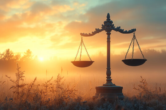 Floating scales of equality in a light pastel yellow sky,