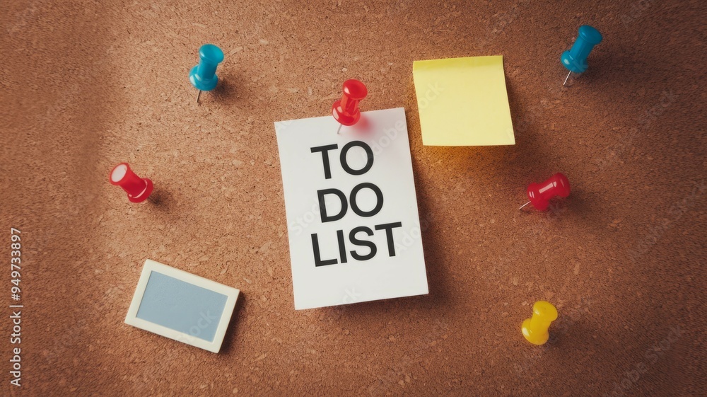 Aufkleber to do list note. to do list note pinned on cork board with various color push pins.