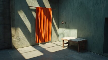 dark room with tattered curtains and a small, broken lamp