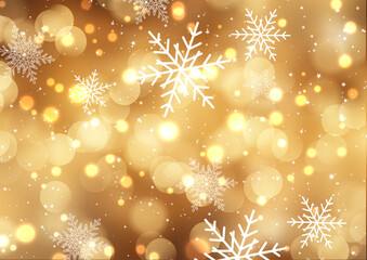 Golden Christmas background with snowflakes and stars 