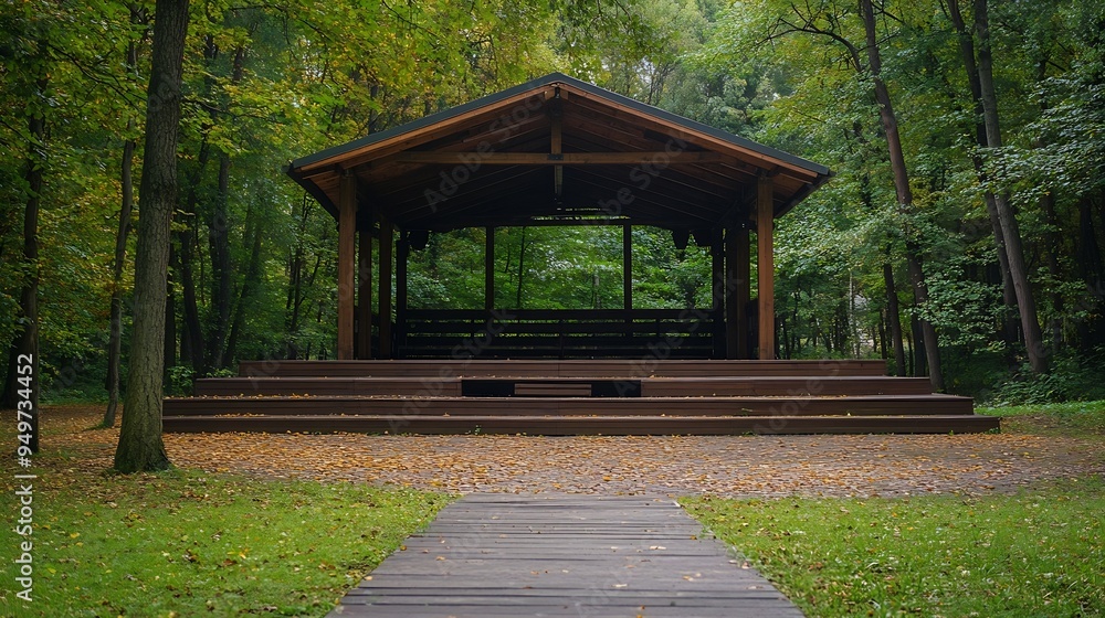 Aufkleber Empty open air stage in a park with a sound projecting roof Akniste Latvia : Generative AI