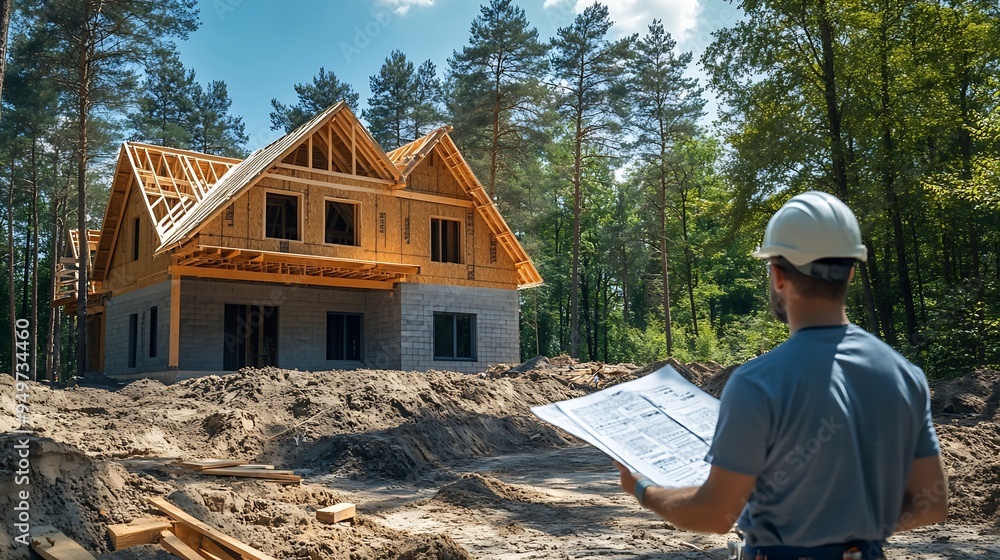 Poster worker building wooden twostory house near the forest man in work clothes and hard hat reviewing the