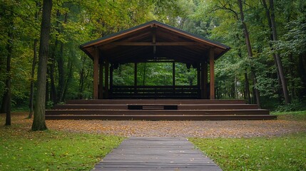 Fototapeta premium Empty open air stage in a park with a sound projecting roof Akniste Latvia : Generative AI